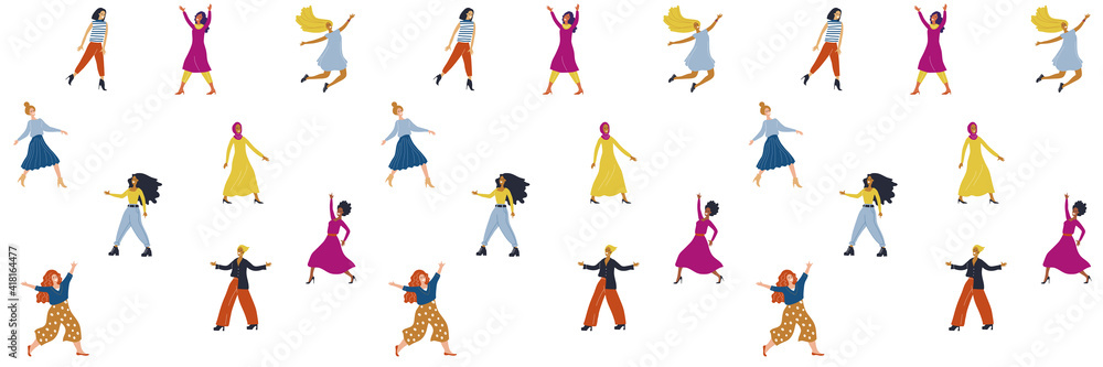 Womens day background. IWD - International  women's rights Day. 8 March. Different nationalities. Seamless pattern for fabric, textile, cover, paper, banner. Minimal trendy style. Multicultural girls.