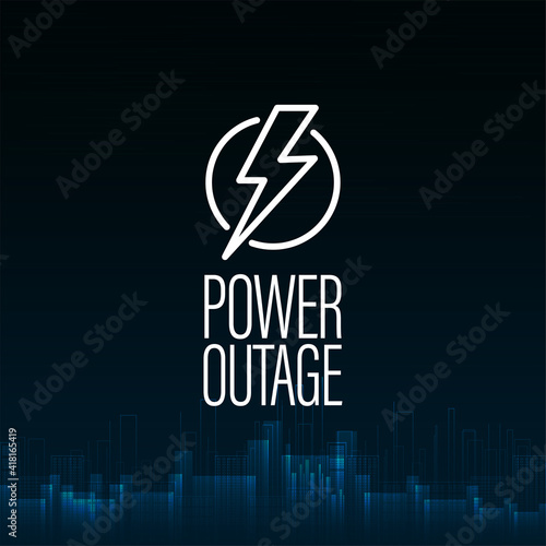 Power Outage, dark blue digital poster with warning sign and abstract city without electricity in digital style on background