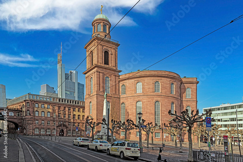 Panorama picture of Frankfurt Pauls Square with historic Paulskirche church against blue sky and sunshine