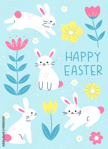 Vector illustration of Easter bunnies hopping around flowers. Cute card, banner or poster design template for the spring holiday. Easter concept in modern cartoon style.