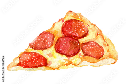 Slice of pizza Pepperoni on white background, watercolor illustration 