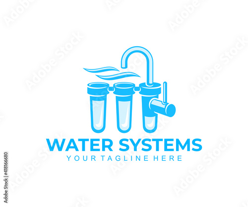 Water filter, drinking water systems and water treatment, logo design. Filtering, filtration or purification, plumbing, water tap, filtered or purified liquid, vector design and illustration