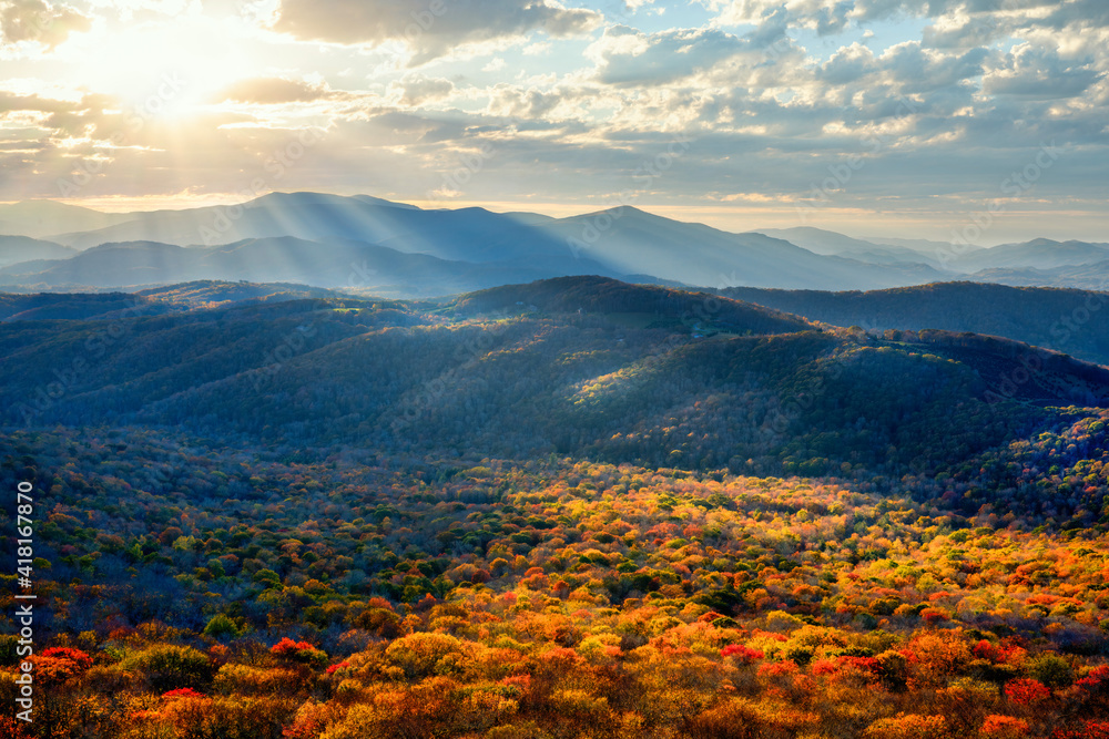 Colorful North Carolina Blue Ridge Mountains sunset in Autumn from Sugar Mountain	