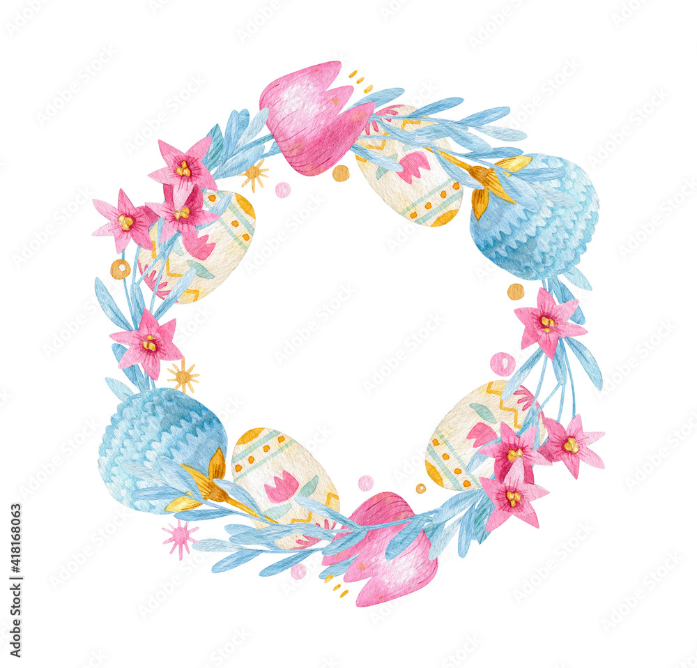 Easter wreath with  Easter eggs and flowers. 