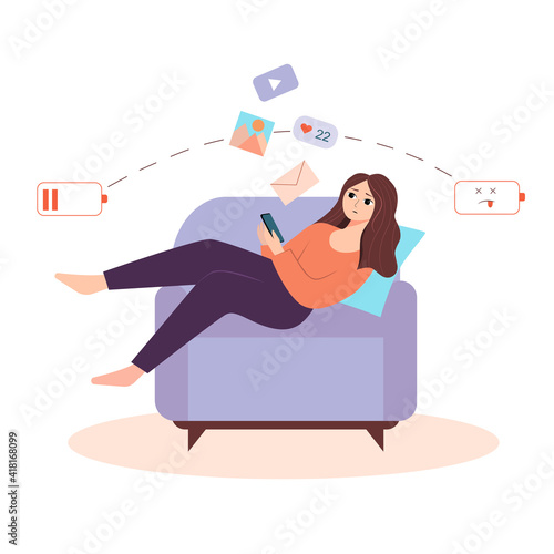 Tired girl on the couch with the phone. Vector illustration with digital detox concept. Perfect for a psychological article, website or poster