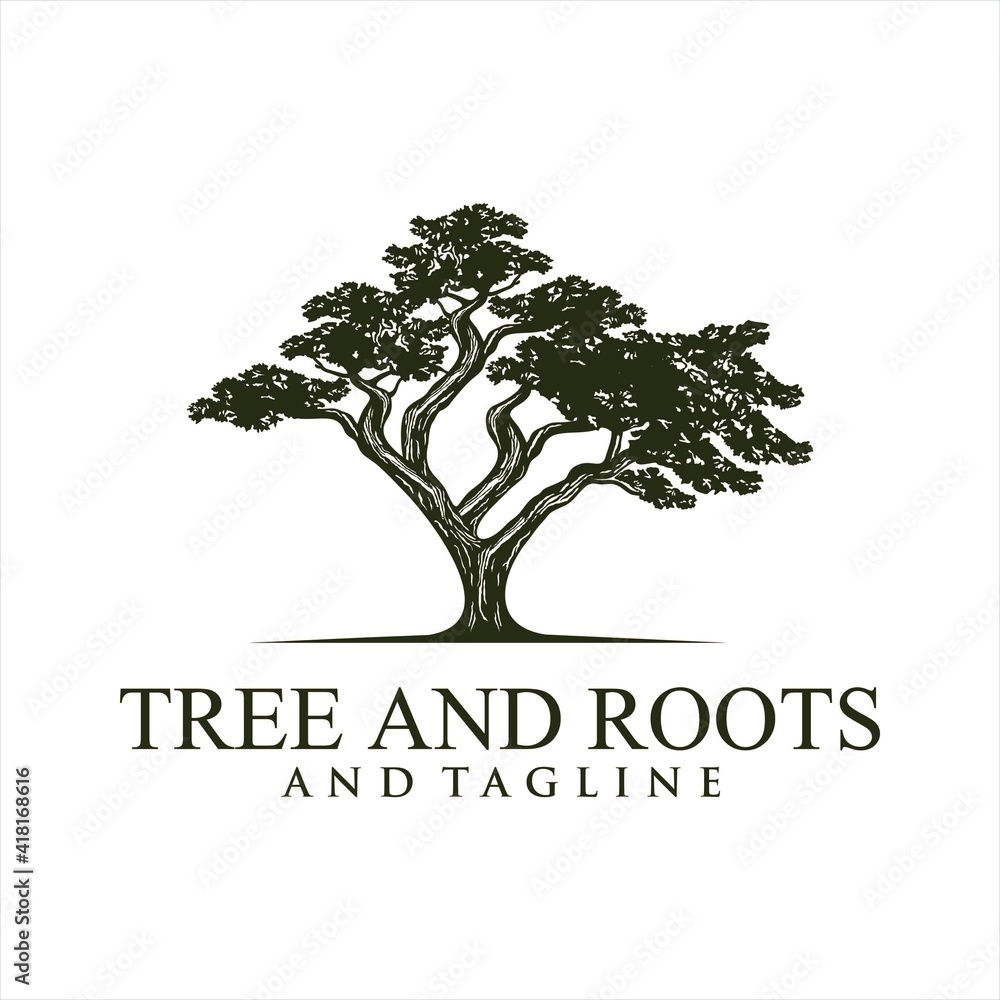 Obraz premium Root Of The Tree logo illustration. Vector silhouette of a tree,Oak Land Vector Logo. Vector silhouette of a tree. The tree is symbol of strength, longevity, fertility, hope and continuity. This logo 