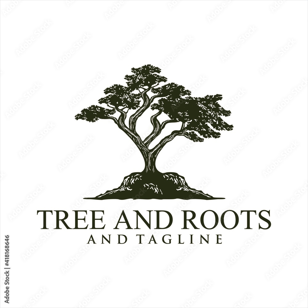 Obraz premium Root Of The Tree logo illustration. Vector silhouette of a tree,Oak Land Vector Logo. Vector silhouette of a tree. The tree is symbol of strength, longevity, fertility, hope and continuity. This logo 