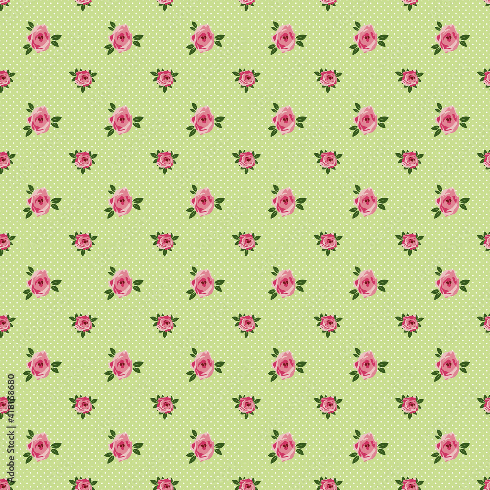 Bright roses on a green dotted background, seamless pattern Bright roses on a green dotted background, seamless pattern