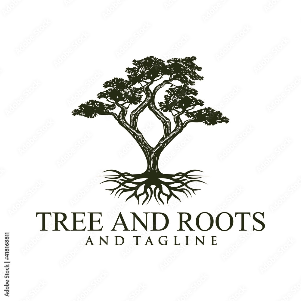 Obraz premium Root Of The Tree logo illustration. Vector silhouette of a tree,Oak Land Vector Logo. Vector silhouette of a tree. The tree is symbol of strength, longevity, fertility, hope and continuity. This logo 