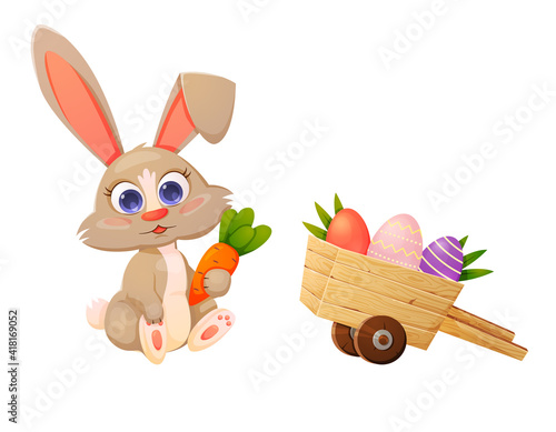 Cute easter bunny with carrot. Trolley with easter eggs. Color set in cartoon style.