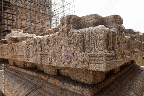 Restoration of the Krishna Temple in Hampi, Karnataka, India. Details of the wall carving. The remains of an ancient civilization 