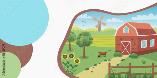 Fototapeta Naklejka Na Ścianę i Meble -  Template with farm landscape. Vector illustration with a house, fence, garden and field. Template for web banner