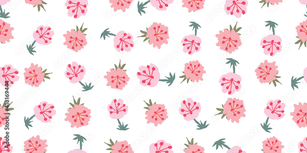 Pink flowers seamless vector pattern on white. Surface print design for gifly fabrics, stationery, scrapbook paper, mothers day gift wrap, backgrounds, textiles, home decor, and packaging.