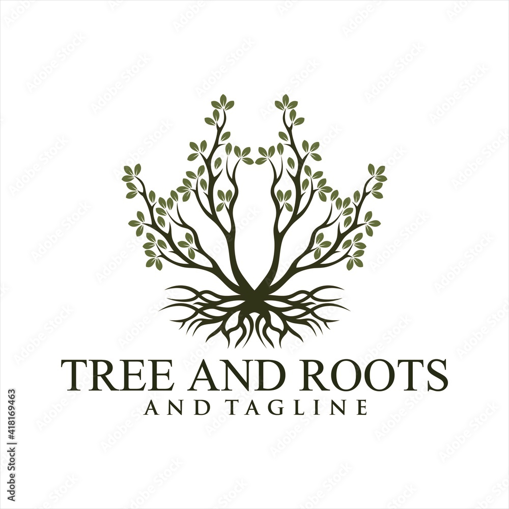Fototapeta premium Root Of The Tree logo illustration. Vector silhouette of a tree,Circle Tree vector logo this beautiful tree is a symbol of life, beauty, growth, strength, and good health.