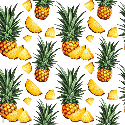 Pineapple seamless pattern. Design with hand drawn illustration of pineapple with leaves and pineapple slices