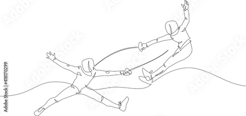 Continuous line drawing of two fencer. Fensing sport vector illustration