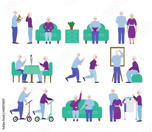 set of active retirees. elderly couples shopping, jogging and shopping. active pastime of the elderly. old people and their hobbies. 