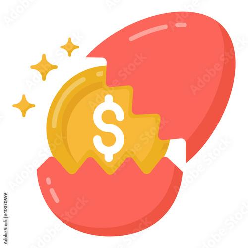 
Dollar inside egg, flat icon of money hatching

