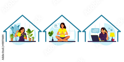 Stay home concept. Girl takes care for houseplants, work at laptop doing yoga and meditation. Self isolation, quarantine due to coronavirus. Vector.