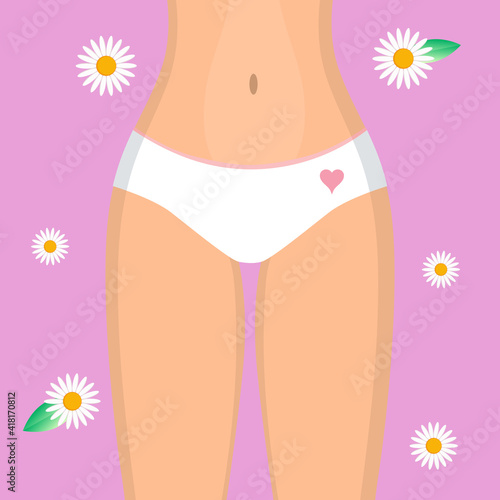 Fit woman in lingerie with perfect stomach and waist isolated on purple background with decorative daisy flowers. Close up vector illustration