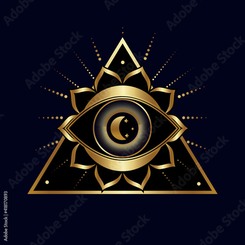 All-seeing eye. Symbol of religion, spirituality, occultism. Vector illustration isolated on a dark background.