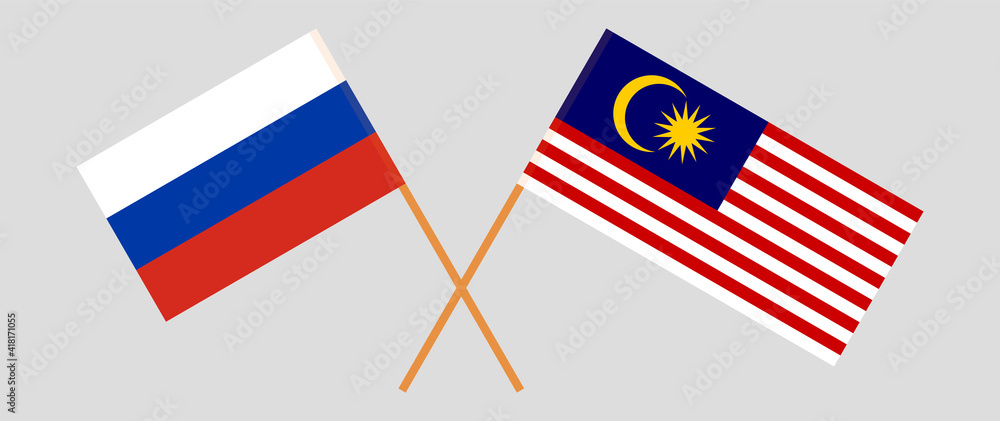 Crossed flags of Russia and Malaysia. Official colors. Correct proportion Crossed flags of Russia and Malaysia. Official colors. Correct proportion
