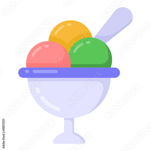 
Three ice cream scoops of different flavours in a bowl, flat icon

