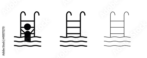 Pool ladder icon. People go up the stairs from the pool. The staircase line goes up. Flattenable line and silhouette design. logo, web design.