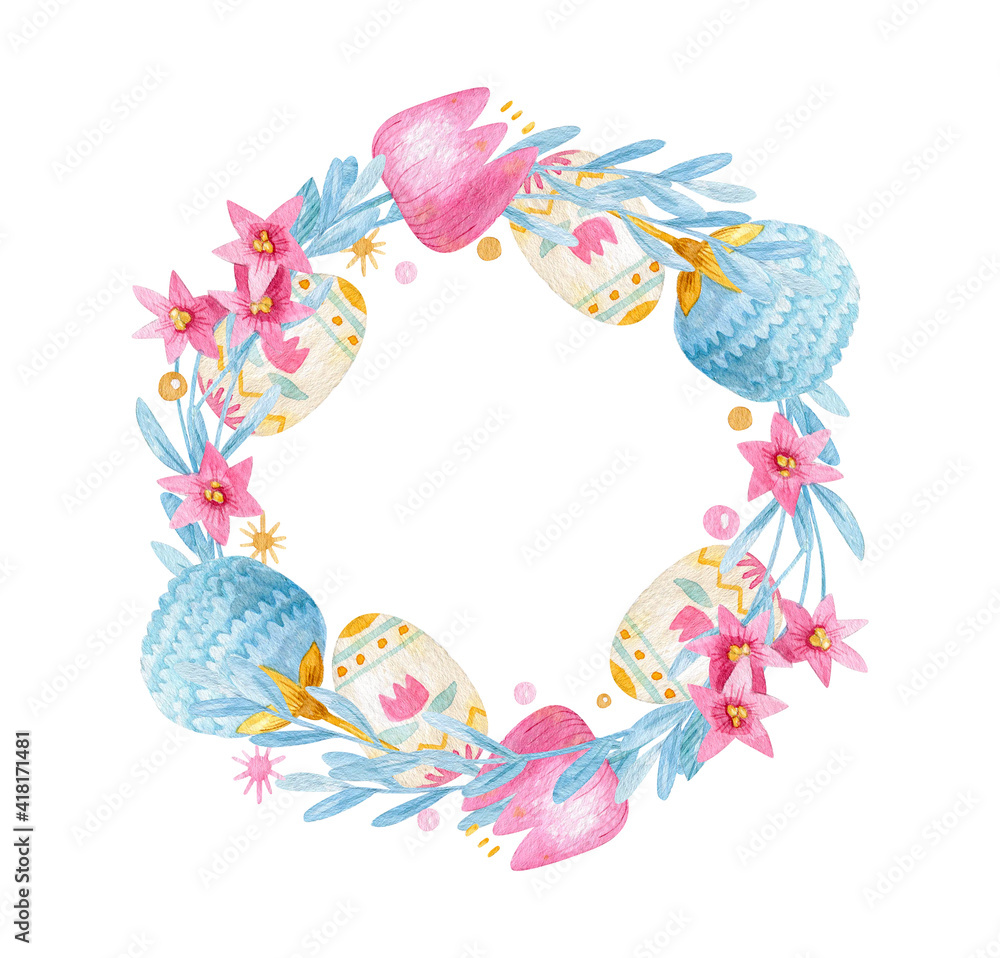 Easter wreath with Easter eggs and flowers.