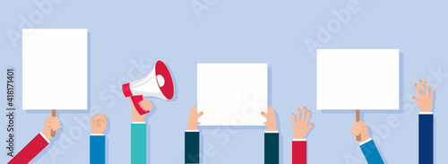 people holding blank signs and a megaphone, public street protest concept illustration