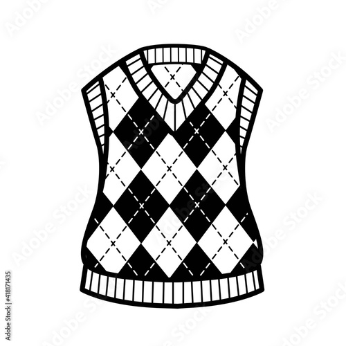 Knitted vest with ornament rhombuses for girls outline for coloring on a white background