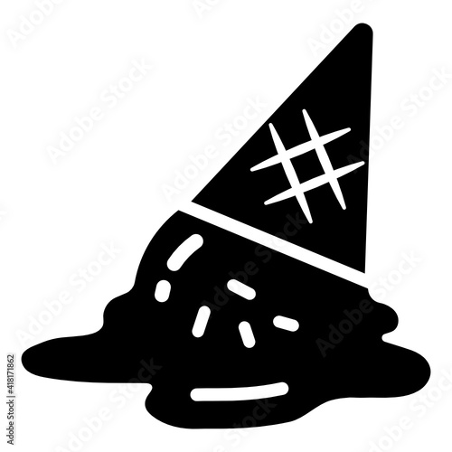 
A melted ice cream with waffle, flat icon

