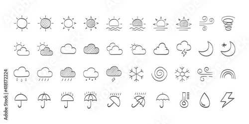 Set of drawn black Weather icons. Weathers icons. Weather vector icons. Weather forecast sign symbols. Weathers signs. Vector illustration