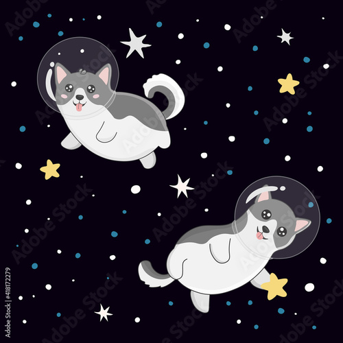 Illustration with cute husky astronauts on starry space background. Perfect for posters, greeting cards and other design.