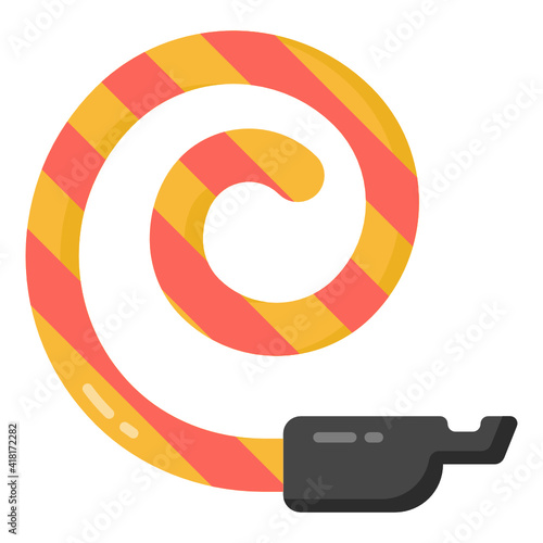 
A flattened and rolled part horn, flat design of party blower icon

