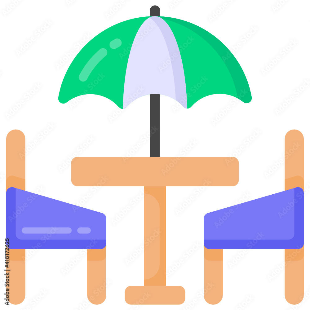 
Chairs and umbrella denoting flat icon of street cafe 

