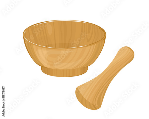 Mortar and pestle set. Wooden kitchenware isolated on white background. Vector cartoon flat illustration.