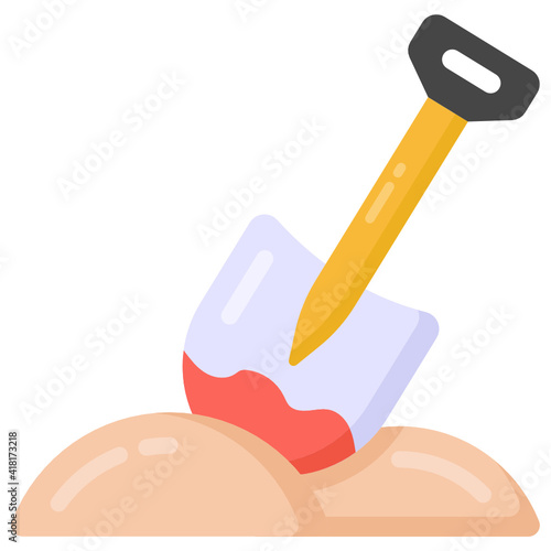 
Shovel with blood on mud, flat icon of digging grave

