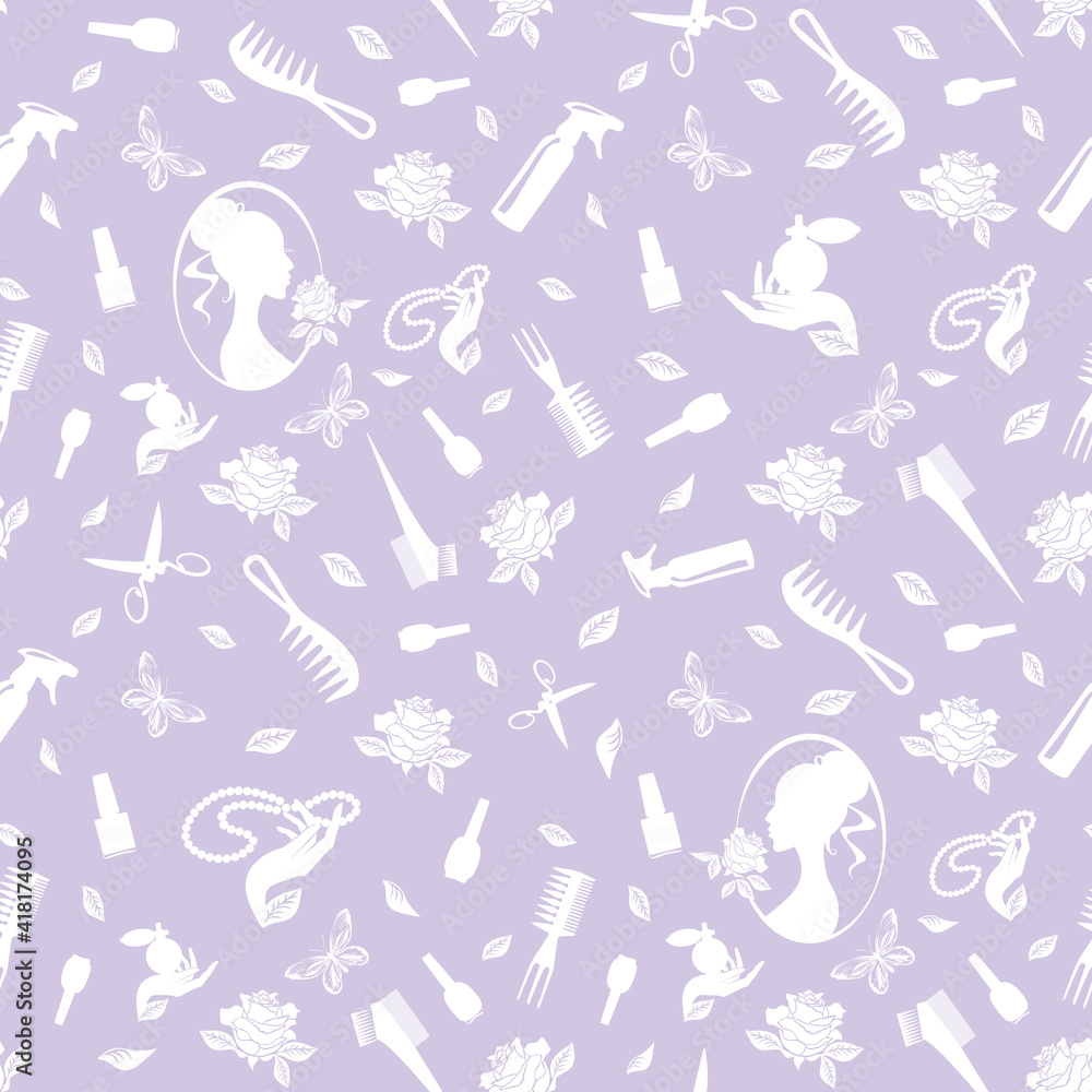 Seamless pattern of hairdressing tools, scissors, combs, spray, rose, butterfly, beads, perfume, profile of a girl with a hairstyle. Vector image. Seamless pattern of hairdressing tools, scissors, combs, spray, rose, butterfly, beads, perfume, profile of a girl with a hairstyle. Vector image.