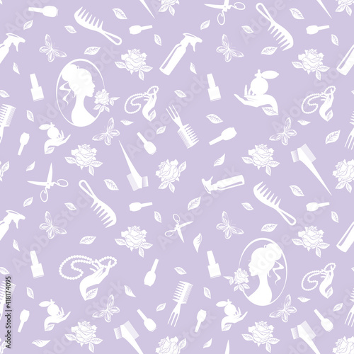 Seamless pattern of hairdressing tools, scissors, combs, spray, rose, butterfly, beads, perfume, profile of a girl with a hairstyle. Vector image.