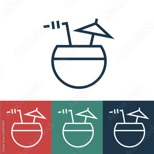 Line icon coconut with umbrella and tube