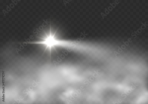 Light effect in fog isolated on transparent background. Glow motorcycle or motorbike headlight and smoke. Vector beacon beams with mist