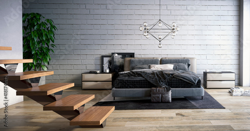 Fotografi Luxury Master bedroom with white brick wall - Industrial style design apartment