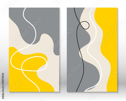 Yellow, grey colors. Modern abstract painting. Set of fluid geometric shapes. Abstract hand drawn watercolor effect shapes. Home decor design. Modern art print. Contemporary design.