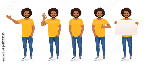 Young african man in casual clothes standing with different gestures set isolated vector illustration