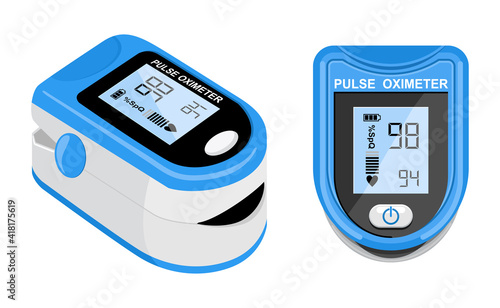 Pulse oximeter icon on the median finger for measuring oxygen in the blood. Health care for blood saturation test. Vector illustration