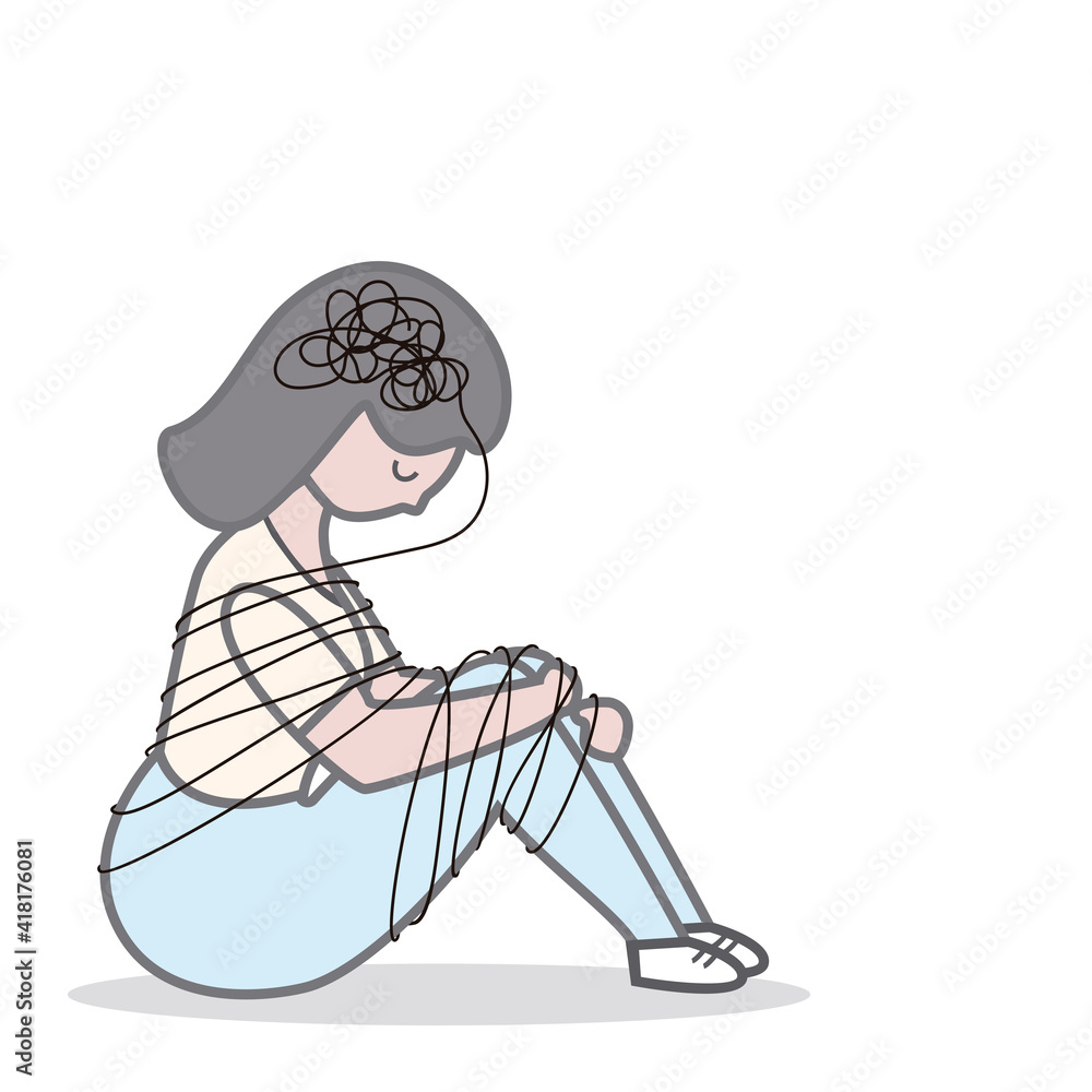Sad woman sitting tied vector. Depression concept. Anxiety and negative thoughts.
