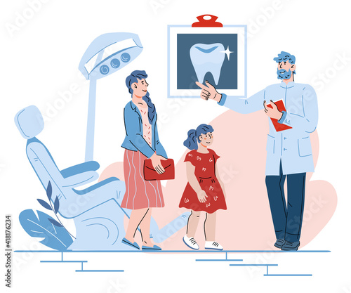 Child girl visiting the dentist with her mother, flat vector illustration isolated on white background. Kids dentistry and oral care. Childrens dental clinic.