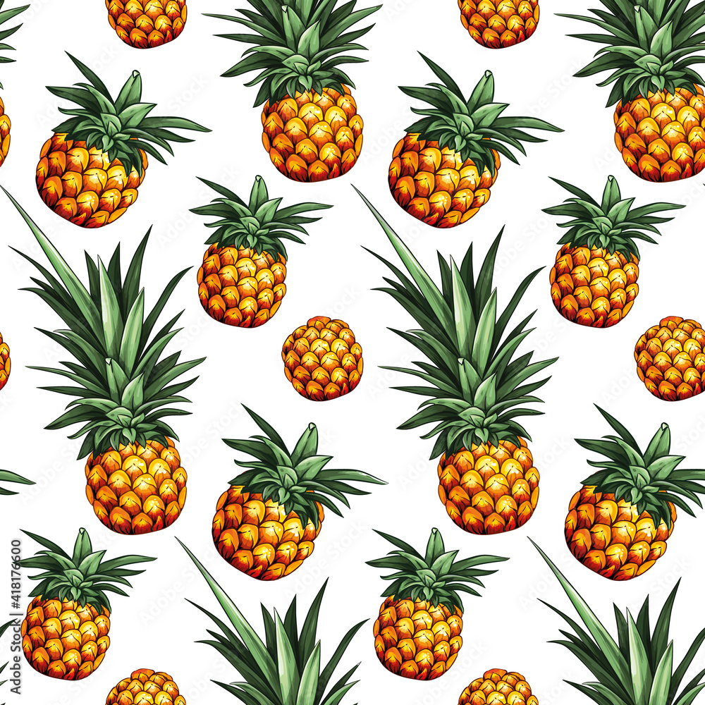 Pineapple seamless pattern. Design with hand drawn illustration of pineapple with leaves Pineapple seamless pattern. Design with hand drawn illustration of pineapple with leaves