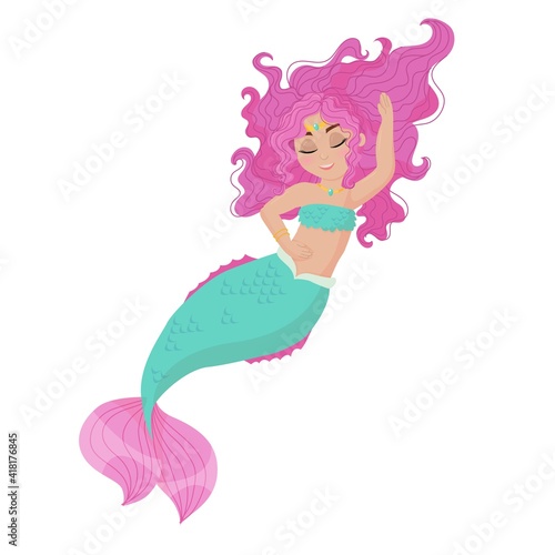 Cute cartoon mermaid. Little Mermaid with Pink Hair and Green Tail. A magical creature. Vector illustration isolated on white background.